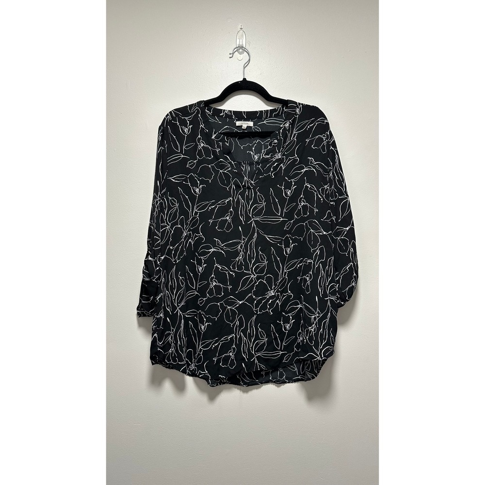 Maurices Black White Floral Split Neck Roll Tab Sleeve Blouse XXL